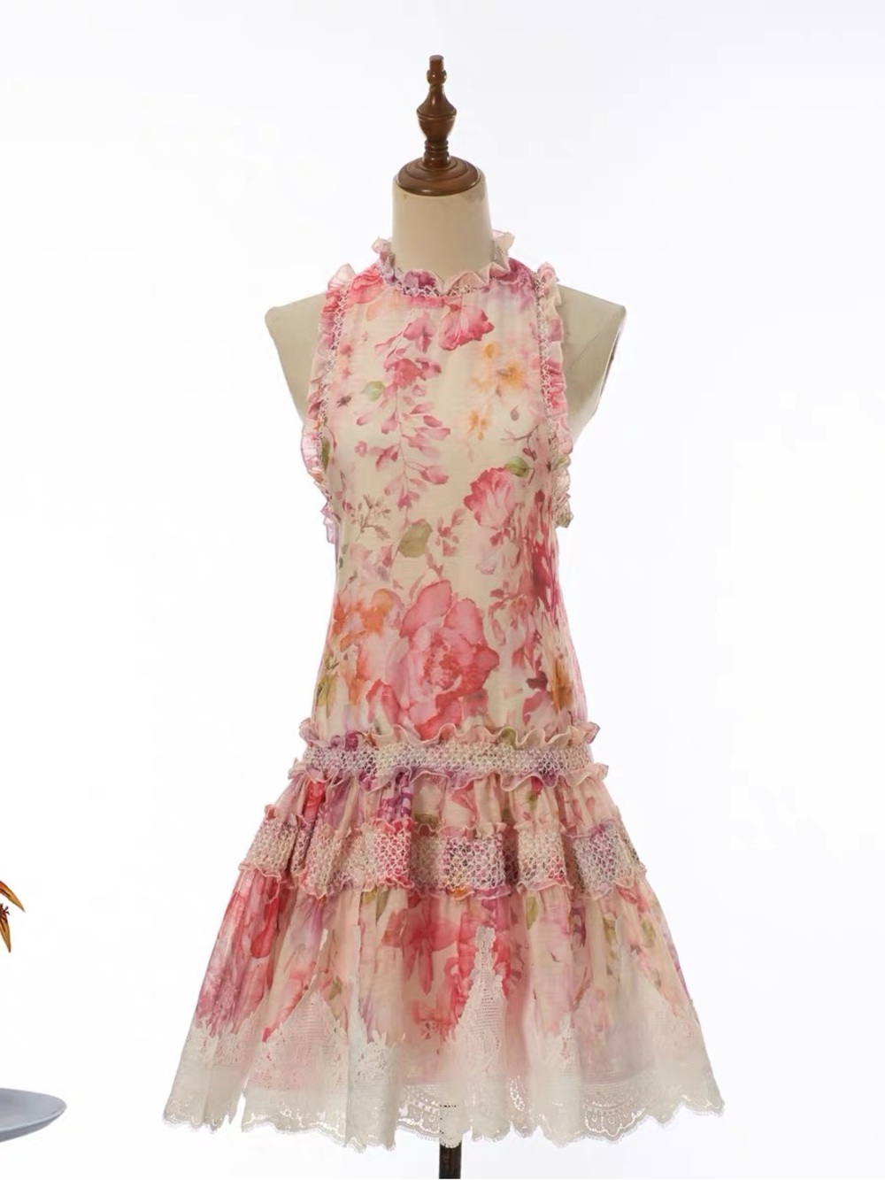 Designer-style Floral Pink Ruffled Halter Dress
